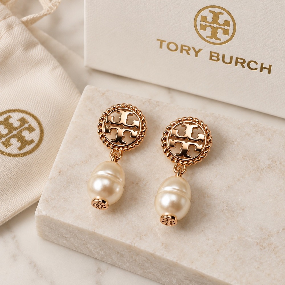 Tory Burch Rose Gold Logo Pearl Drop Earrings / NWT in Box w/ Dustbag /MSRP $128